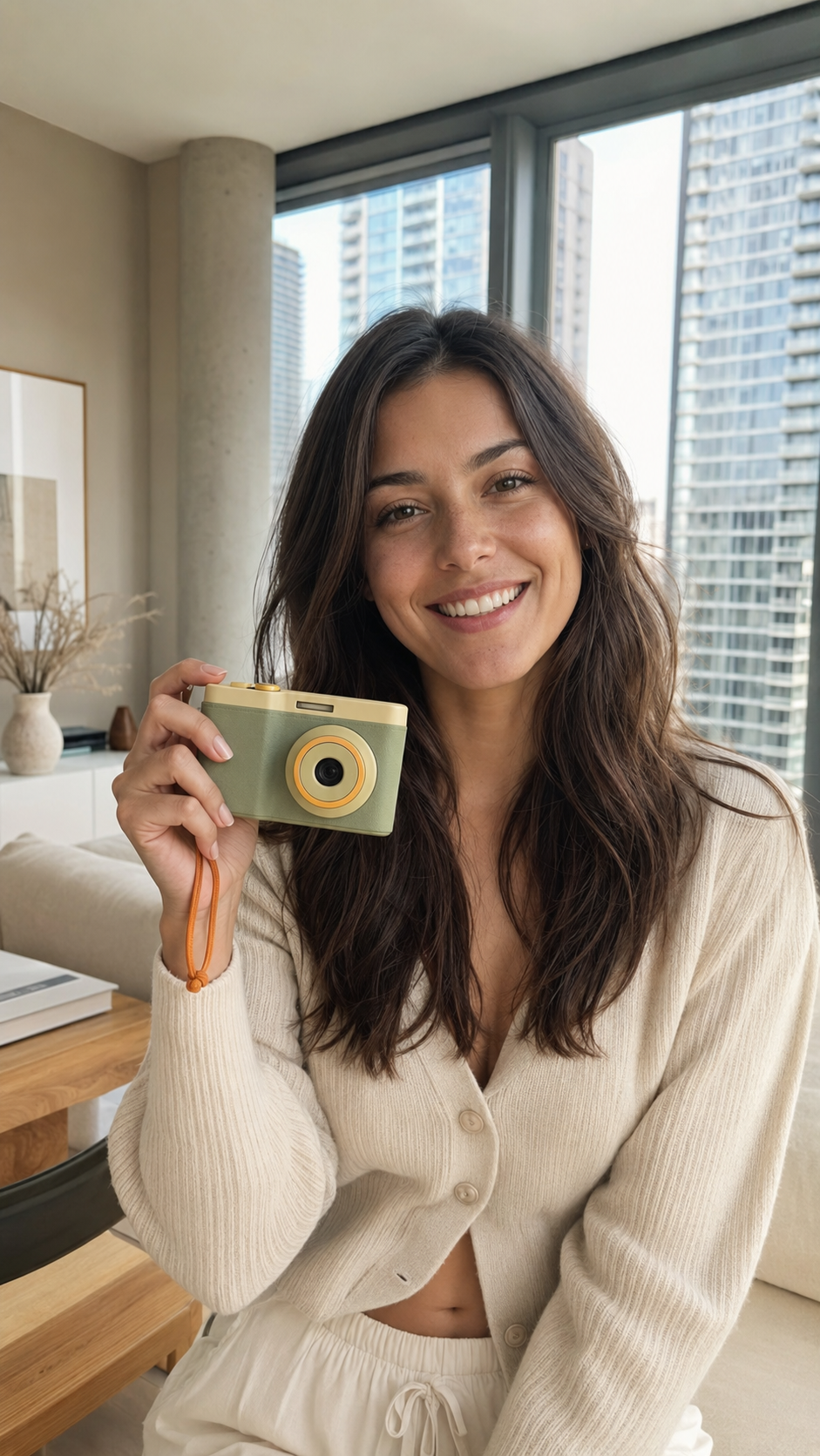 Woman presenting a sage-green retro digital camera in a modern apartment